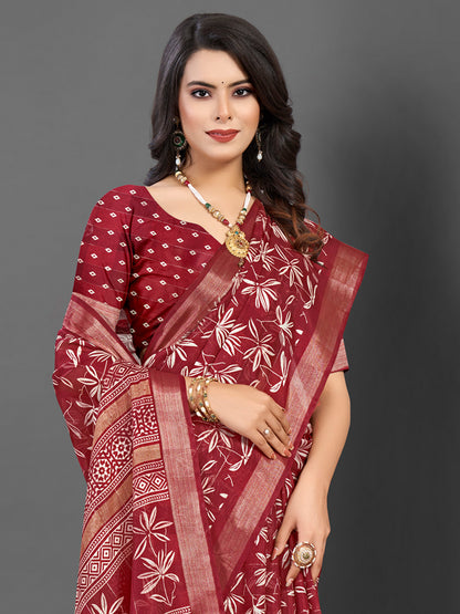 Women's Silk Blend Maroon Printed Designer Saree With Blouse Piece