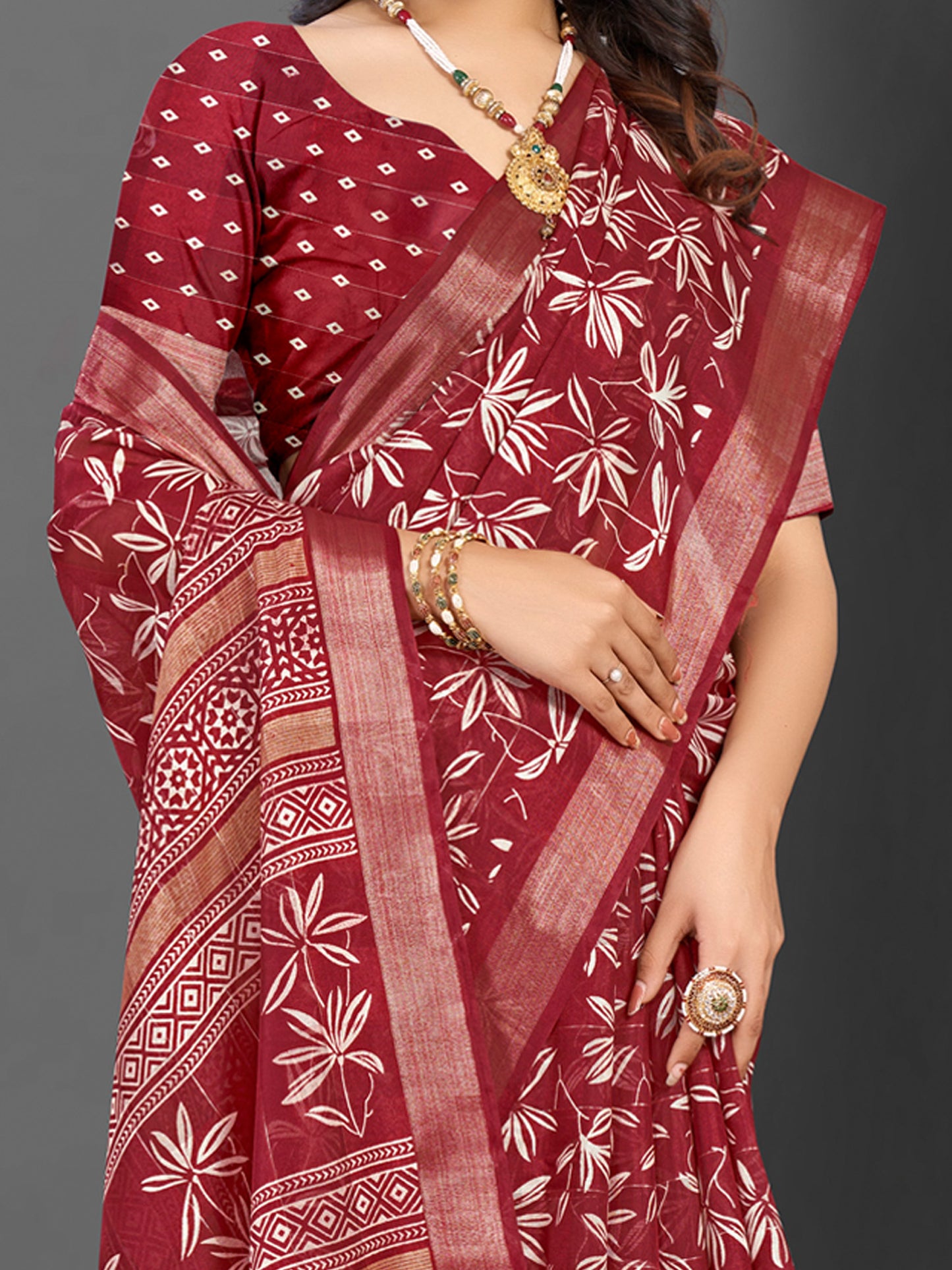 Women's Silk Blend Maroon Printed Designer Saree With Blouse Piece