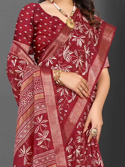 Women's Silk Blend Maroon Printed Designer Saree With Blouse Piece