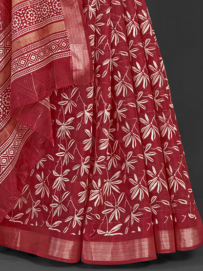 Women's Silk Blend Maroon Printed Designer Saree With Blouse Piece