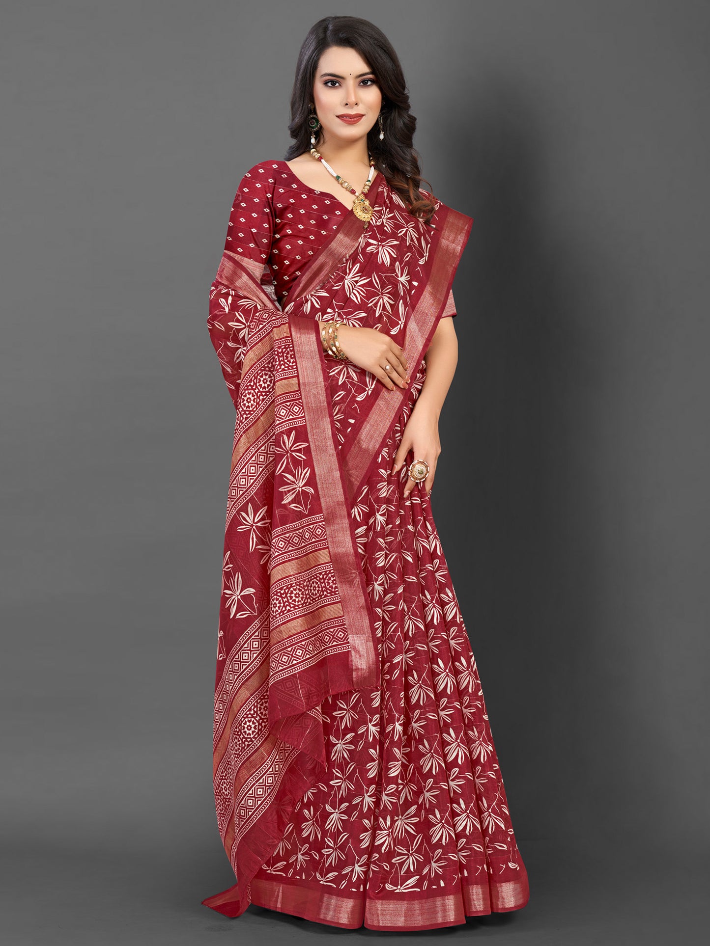 Women's Silk Blend Maroon Printed Designer Saree With Blouse Piece