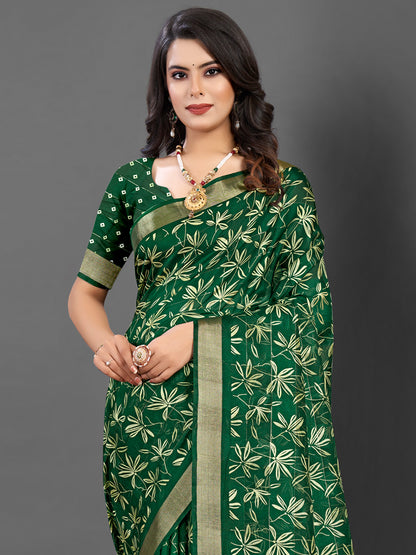 Women's Silk Blend Green Printed Designer Saree With Blouse Piece