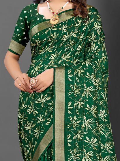 Women's Silk Blend Green Printed Designer Saree With Blouse Piece