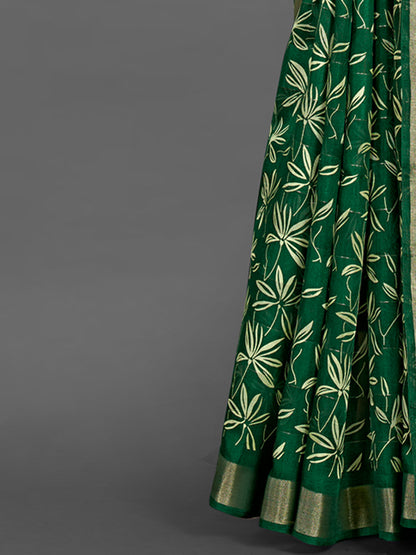 Women's Silk Blend Green Printed Designer Saree With Blouse Piece