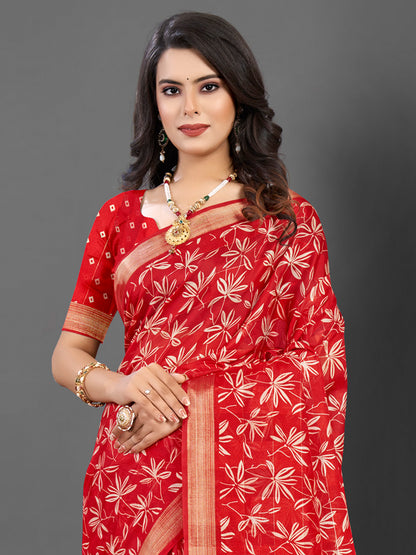 Women's Silk Blend Red Printed Designer Saree With Blouse Piece