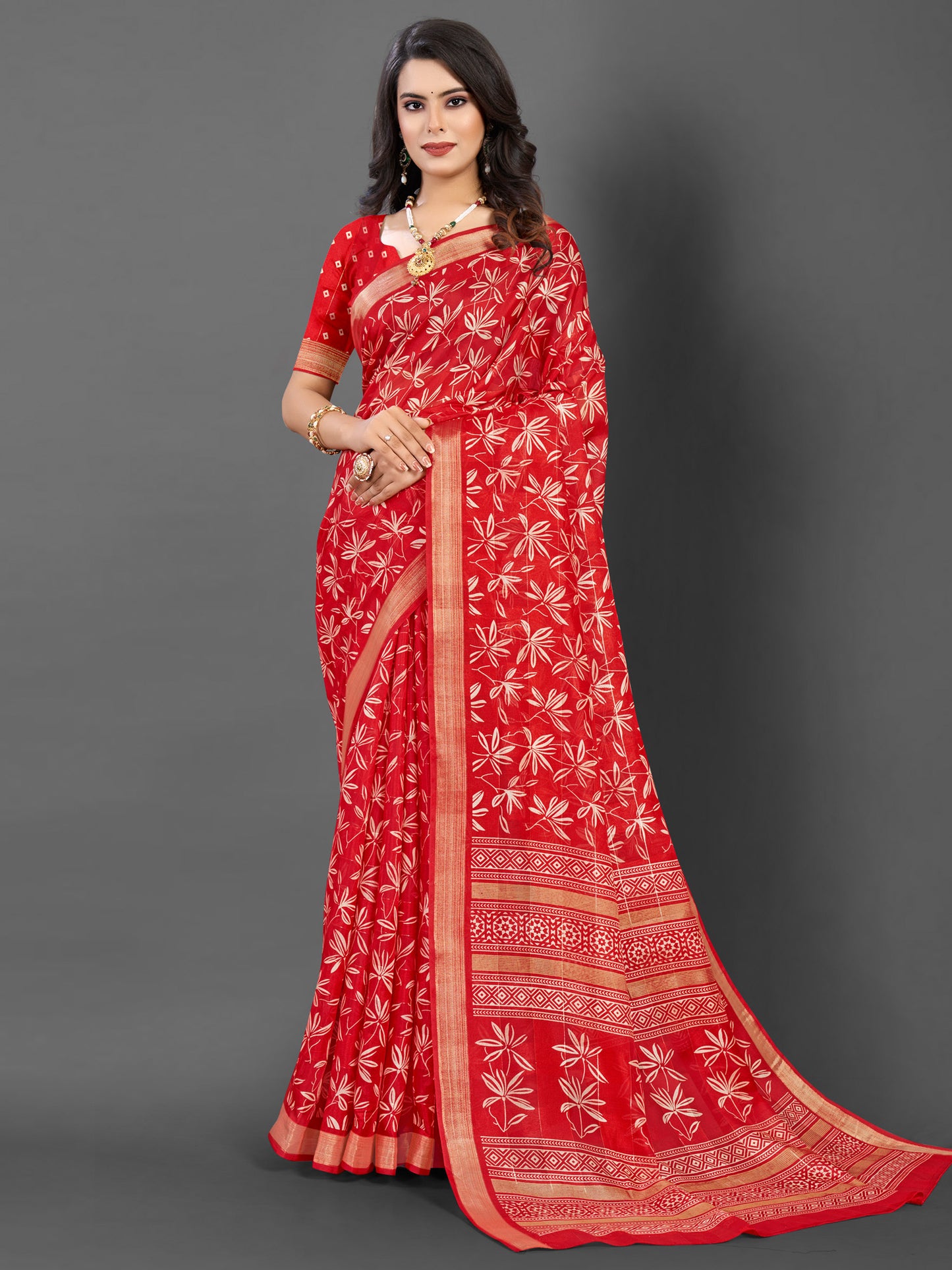 Women's Silk Blend Red Printed Designer Saree With Blouse Piece