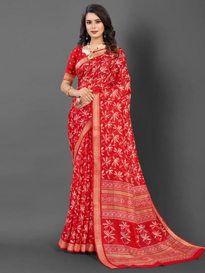 Women's Silk Blend Red Printed Designer Saree With Blouse Piece