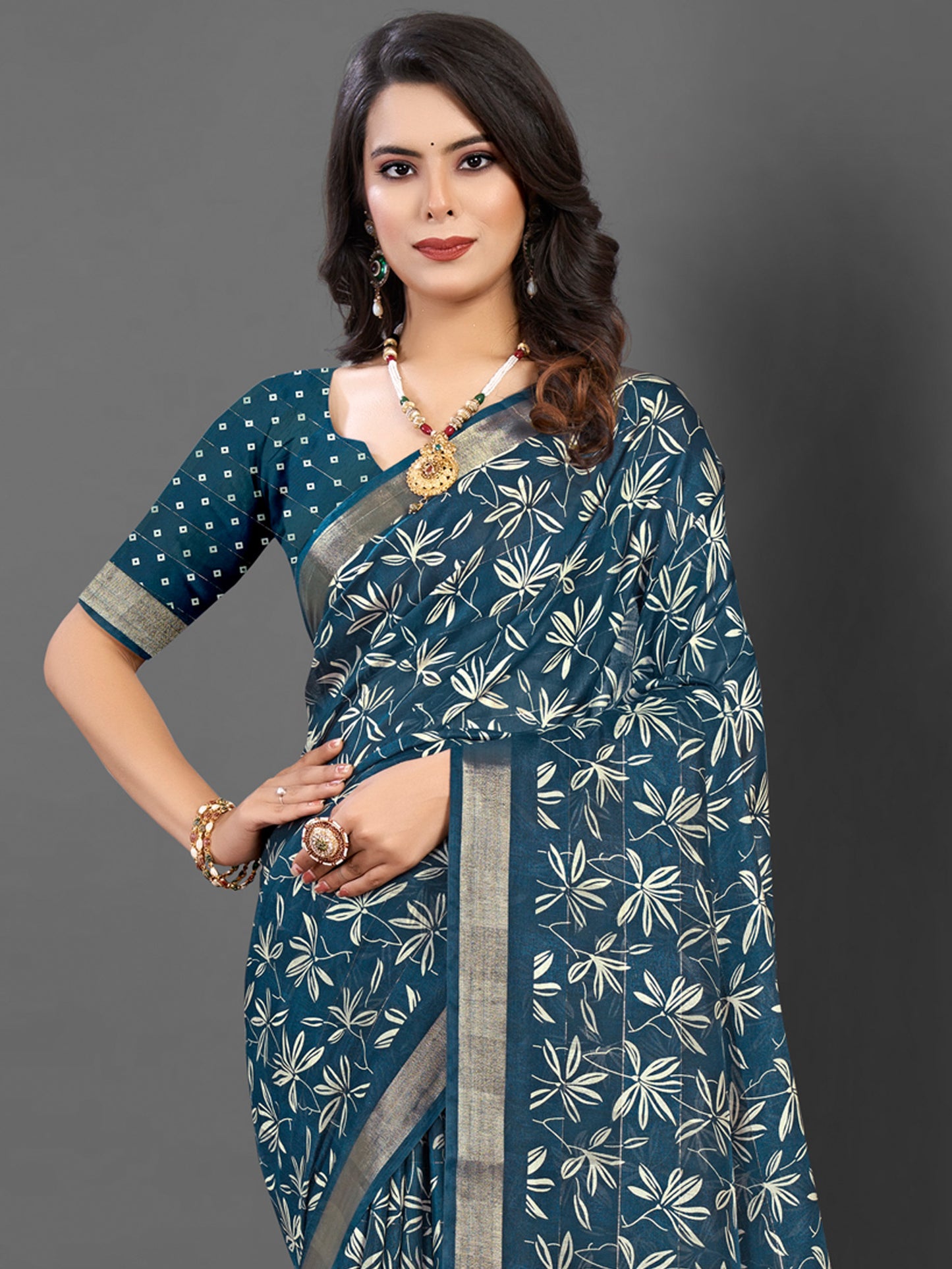 Women's Silk Blend Teal blue Printed Designer Saree With Blouse Piece