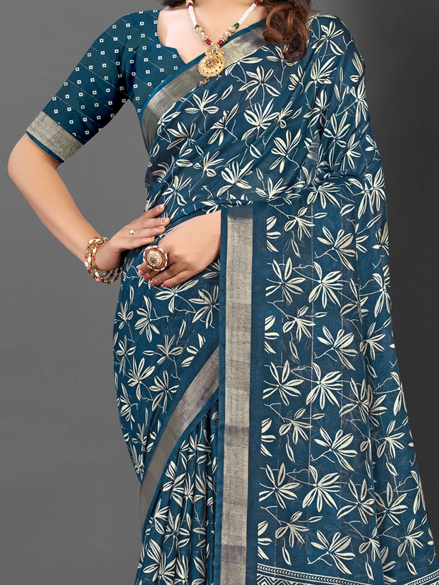 Women's Silk Blend Teal blue Printed Designer Saree With Blouse Piece