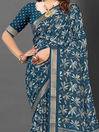 Women's Silk Blend Teal blue Printed Designer Saree With Blouse Piece