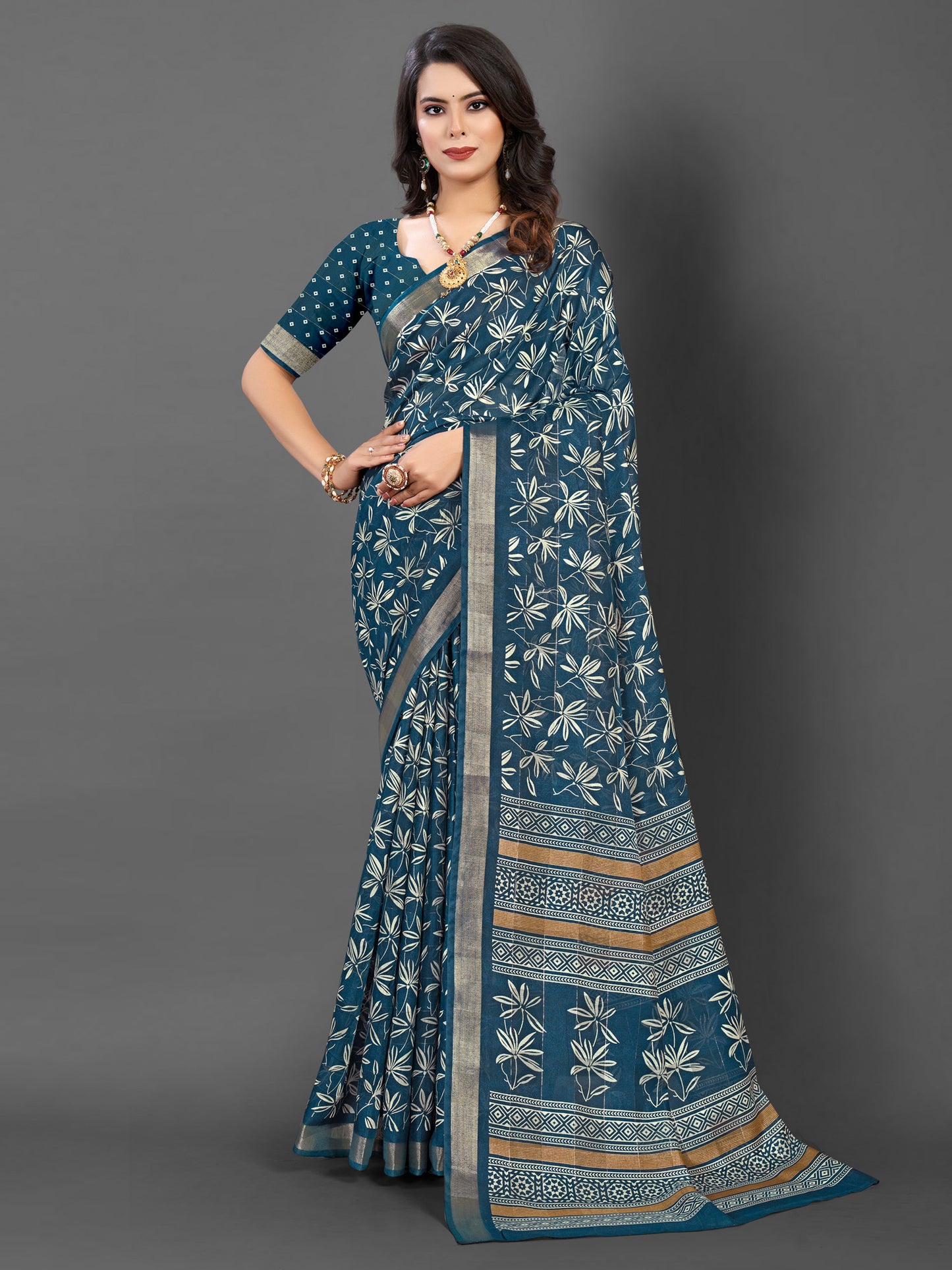 Women's Silk Blend Teal blue Printed Designer Saree With Blouse Piece
