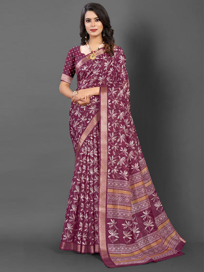 Women's Silk Blend Magenta Printed Designer Saree With Blouse Piece