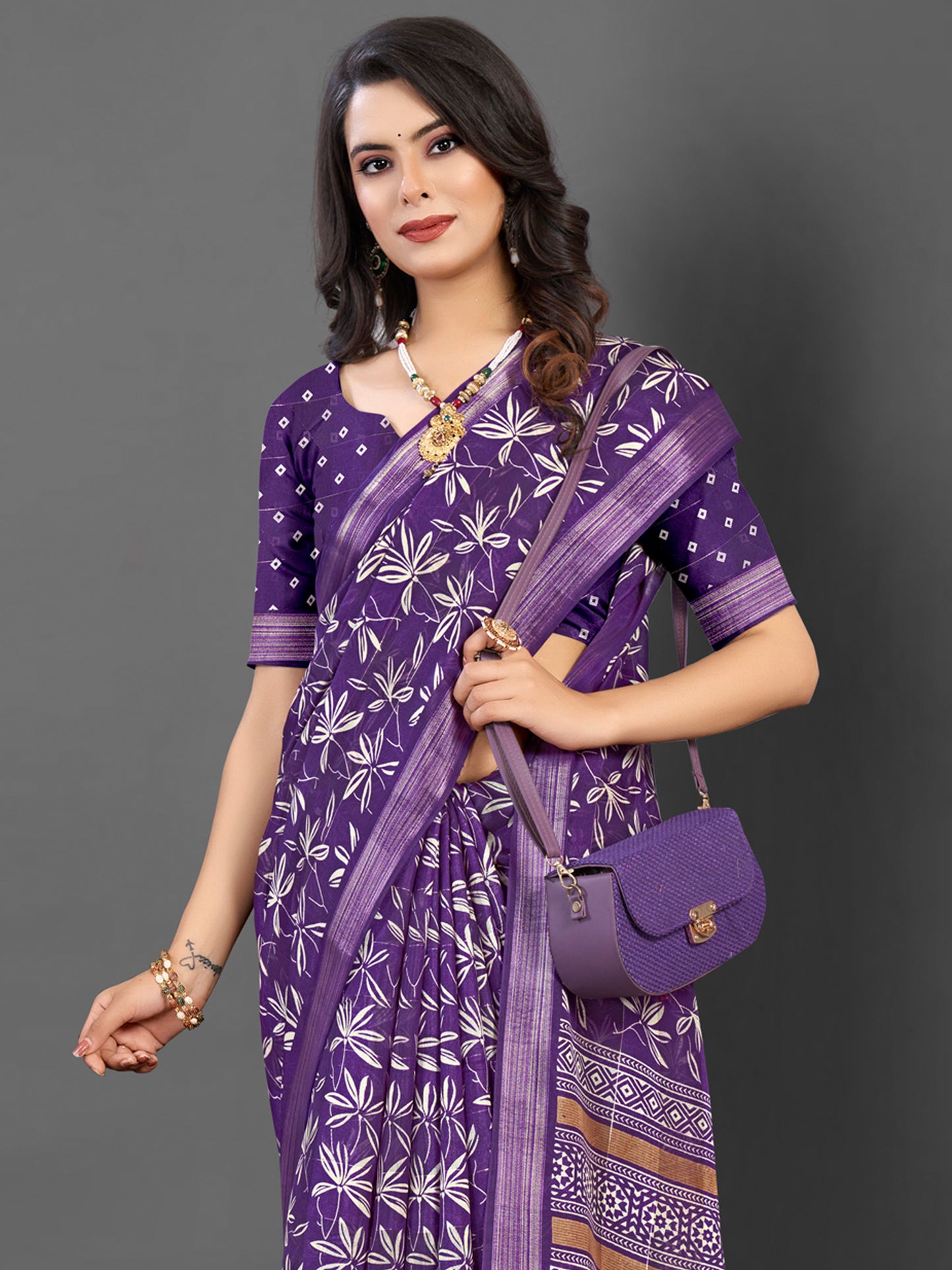 Women's Silk Blend Purple Printed Designer Saree With Blouse Piece