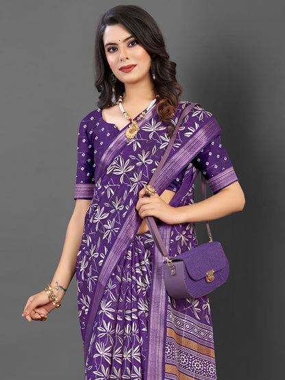 Women's Silk Blend Purple Printed Designer Saree With Blouse Piece