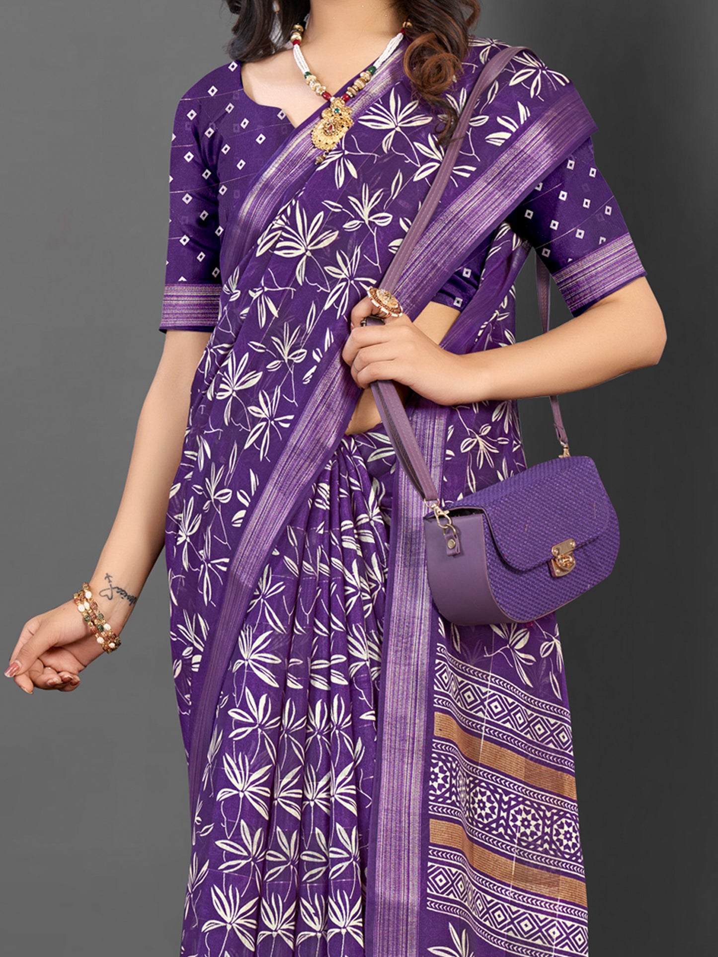 Women's Silk Blend Purple Printed Designer Saree With Blouse Piece