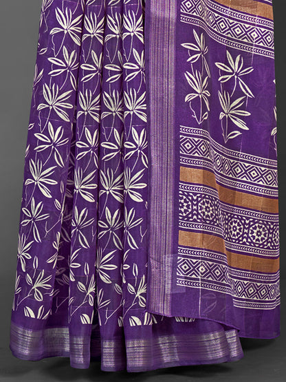 Women's Silk Blend Purple Printed Designer Saree With Blouse Piece