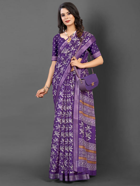 Women's Silk Blend Purple Printed Designer Saree With Blouse Piece
