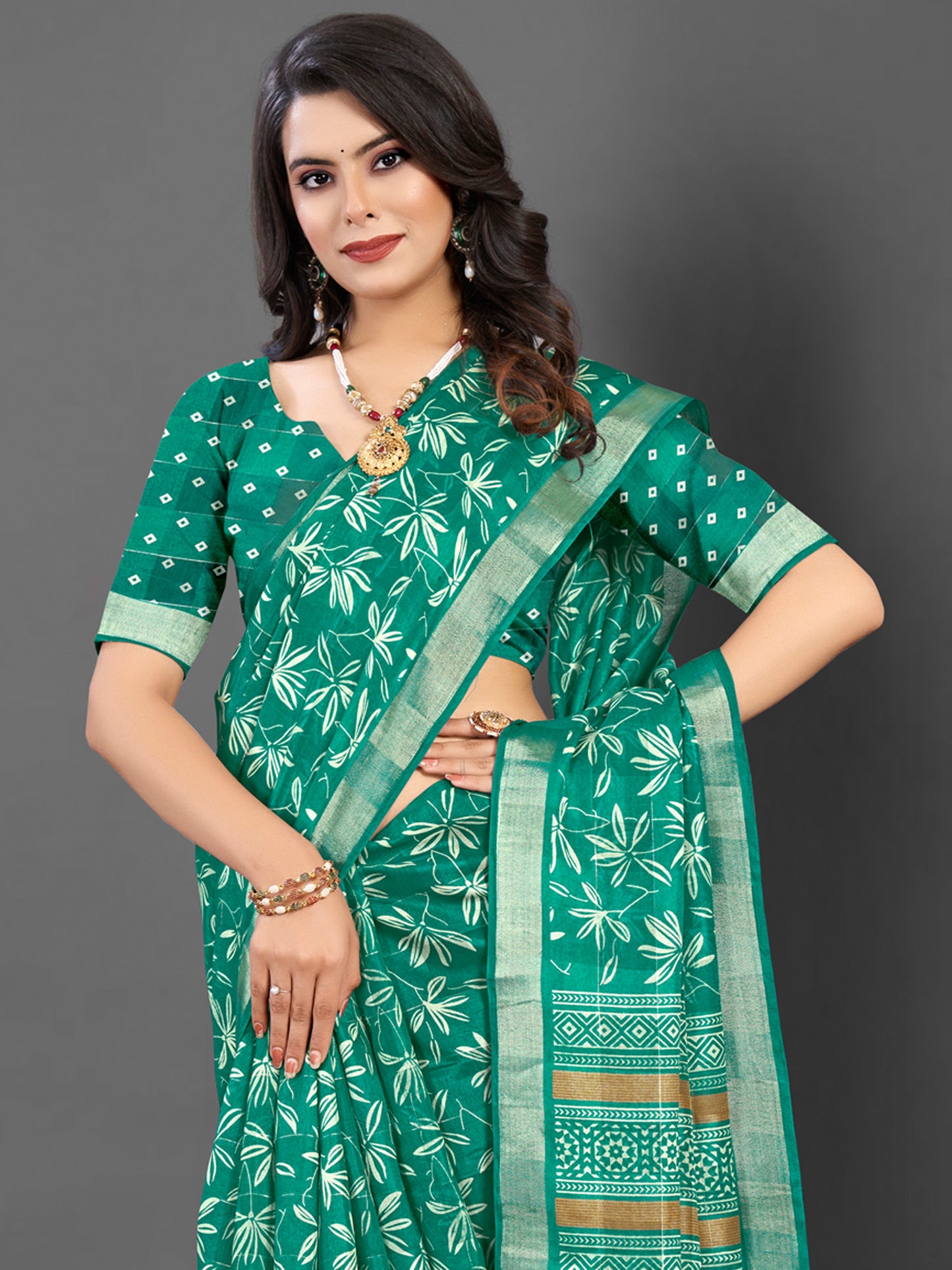 Women's Silk Blend Teal green Printed Designer Saree With Blouse Piece