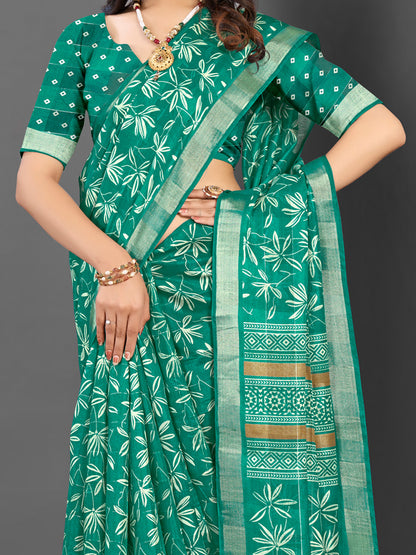 Women's Silk Blend Teal green Printed Designer Saree With Blouse Piece
