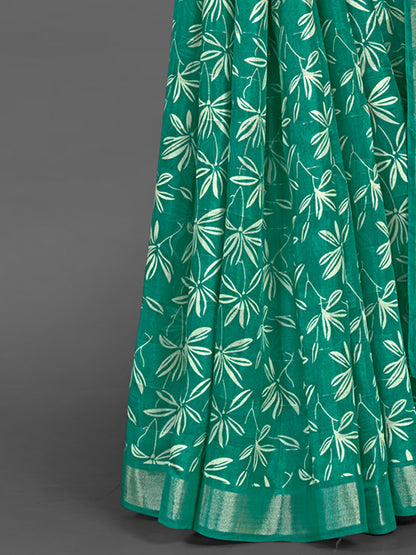 Women's Silk Blend Teal green Printed Designer Saree With Blouse Piece
