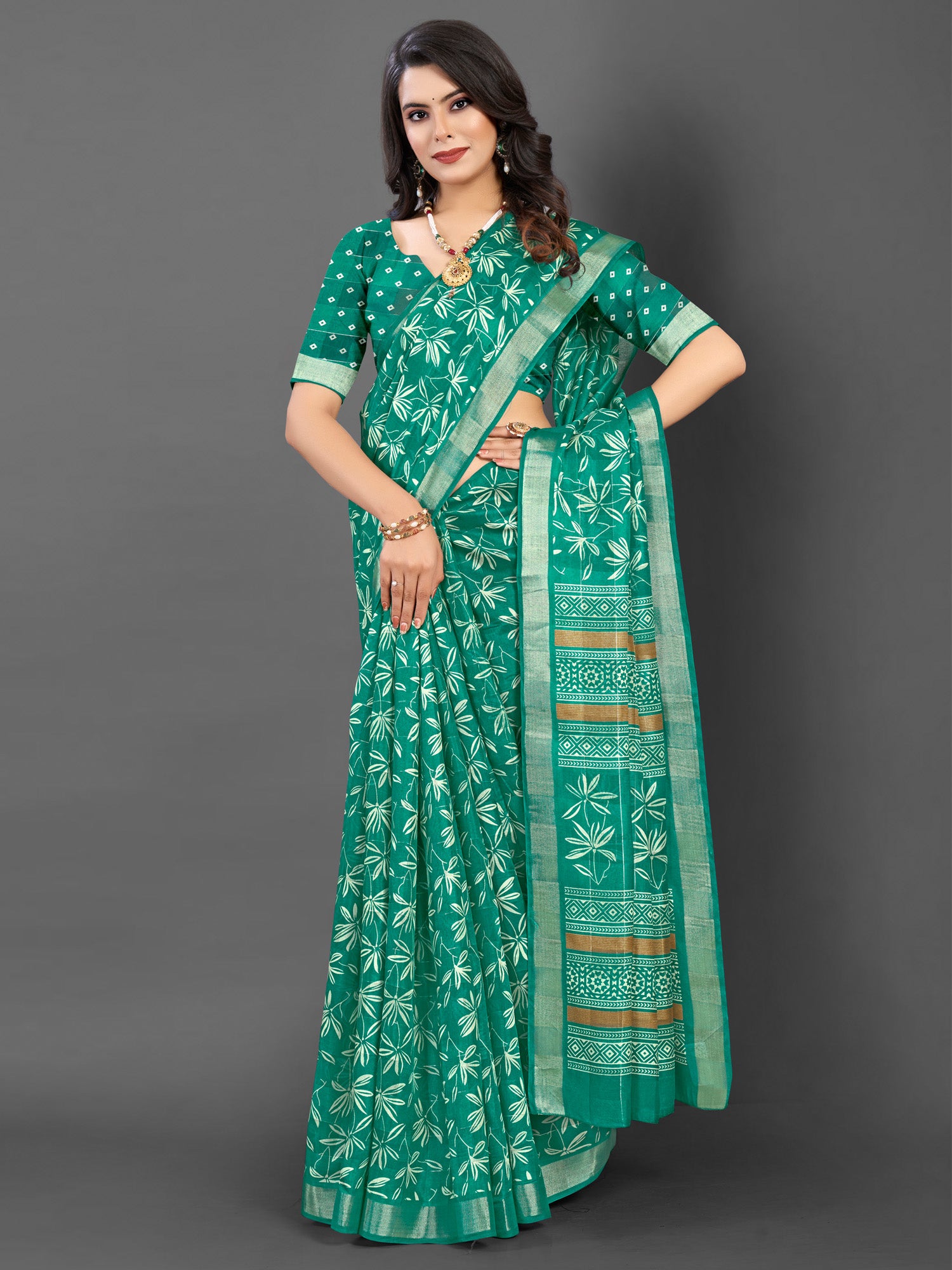 Women's Silk Blend Teal green Printed Designer Saree With Blouse Piece