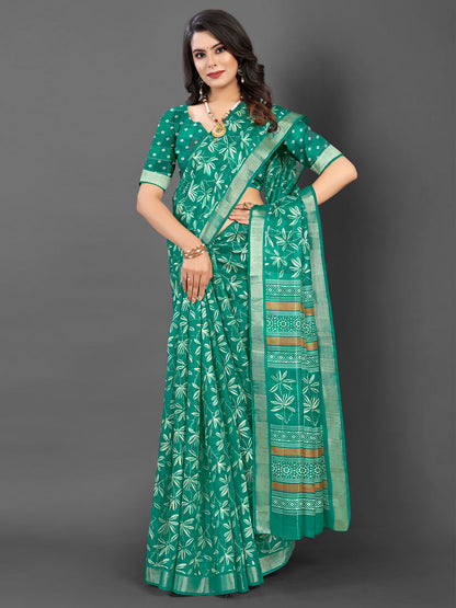 Women's Silk Blend Teal green Printed Designer Saree With Blouse Piece