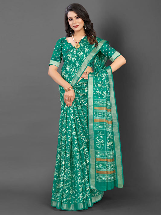 Women's Silk Blend Teal green Printed Designer Saree With Blouse Piece