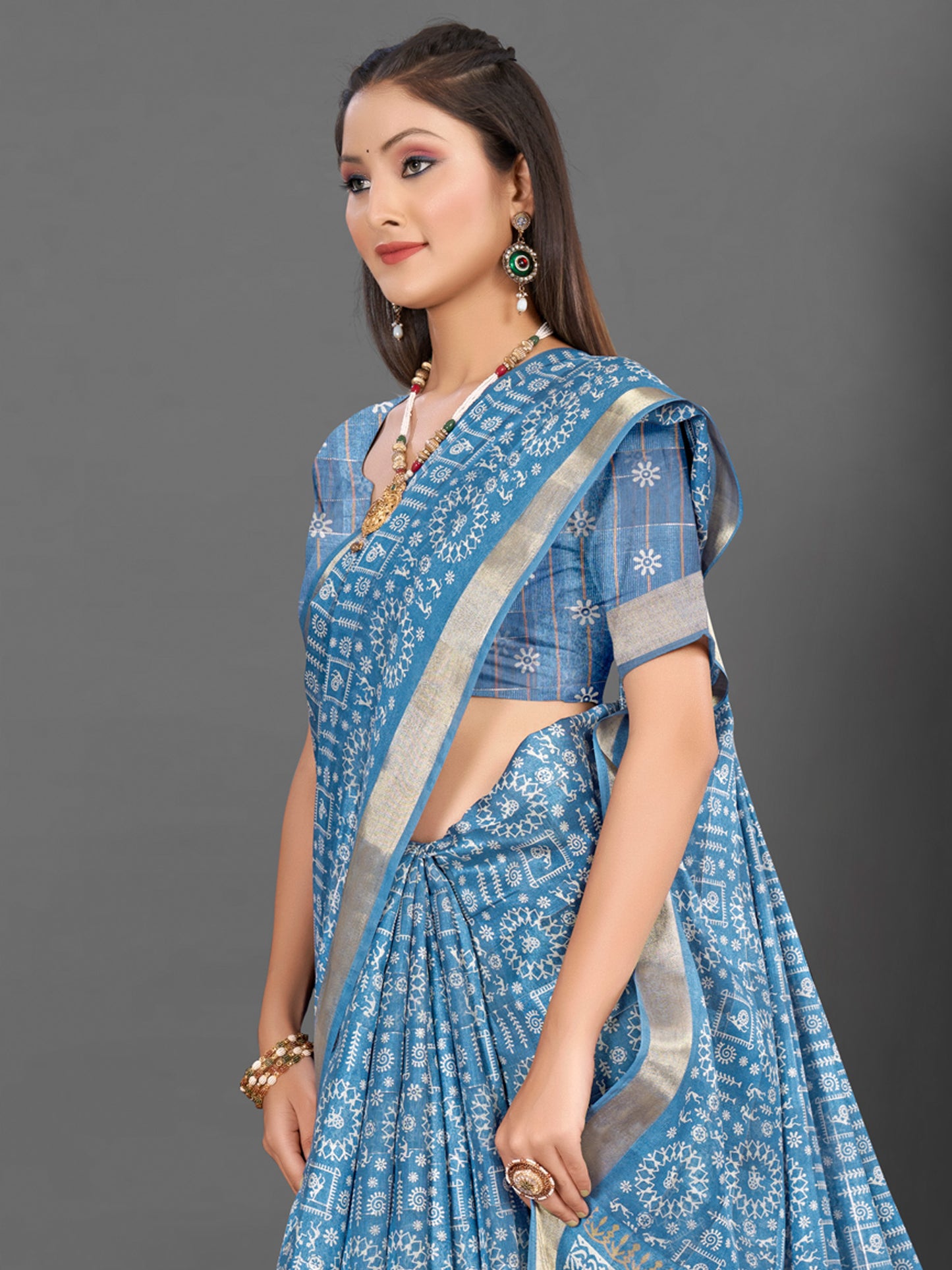 Women's Silk Blend Blue Printed Designer Saree With Blouse Piece