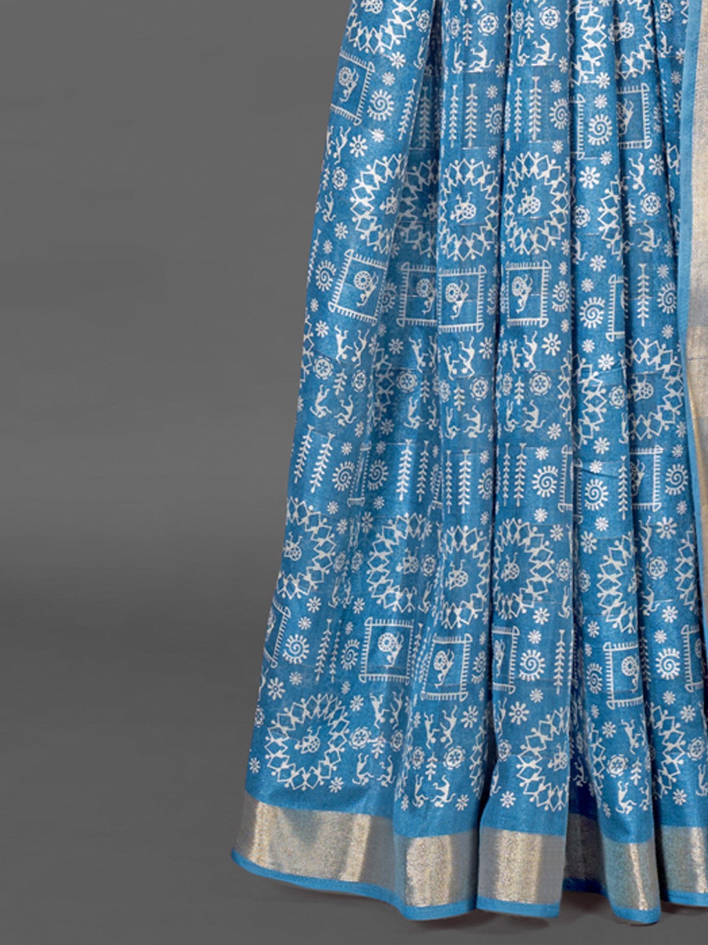 Women's Silk Blend Blue Printed Designer Saree With Blouse Piece