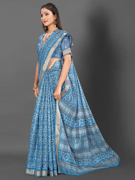 Women's Silk Blend Blue Printed Designer Saree With Blouse Piece