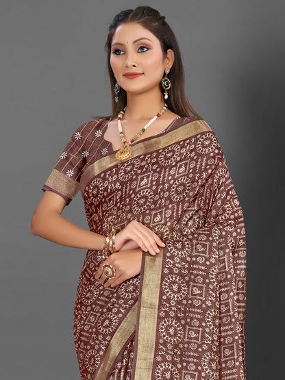 Women's Silk Blend Brown Printed Designer Saree With Blouse Piece