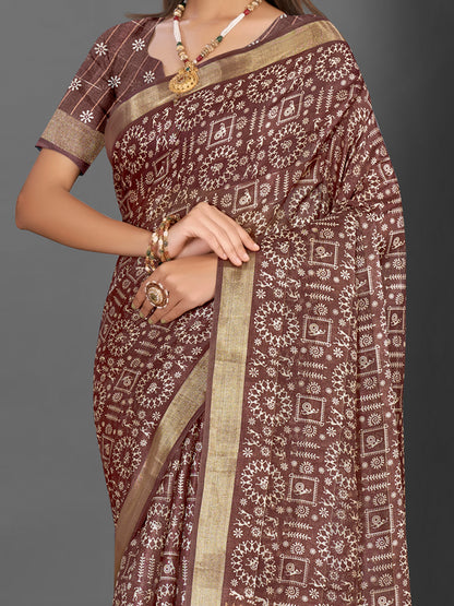 Women's Silk Blend Brown Printed Designer Saree With Blouse Piece