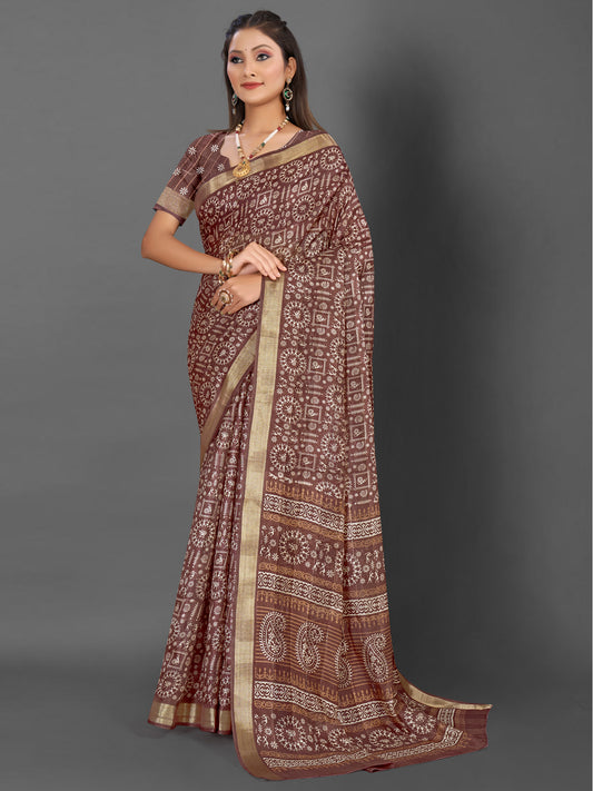 Women's Silk Blend Brown Printed Designer Saree With Blouse Piece