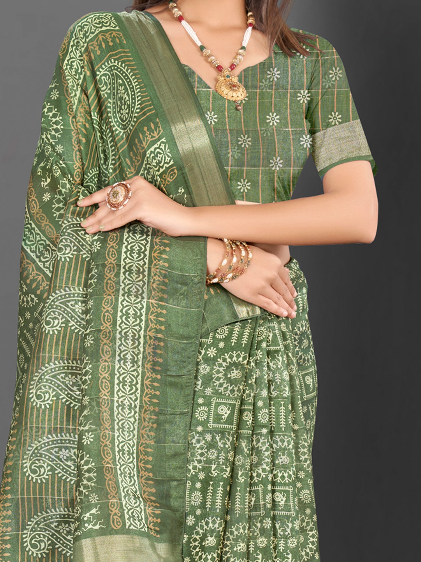 Women's Silk Blend Olive Printed Designer Saree With Blouse Piece