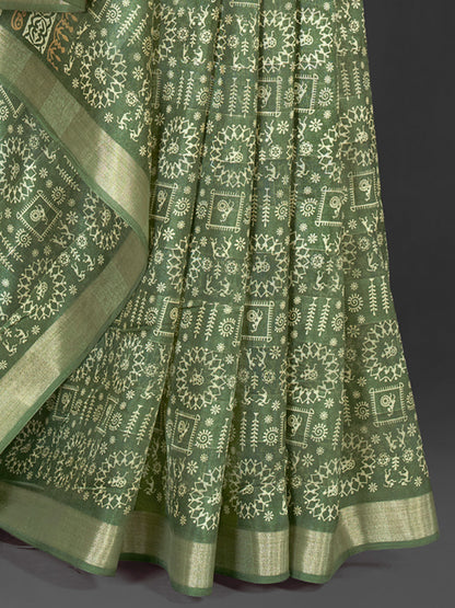 Women's Silk Blend Olive Printed Designer Saree With Blouse Piece