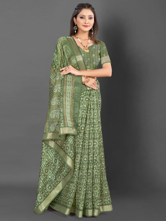 Women's Silk Blend Olive Printed Designer Saree With Blouse Piece