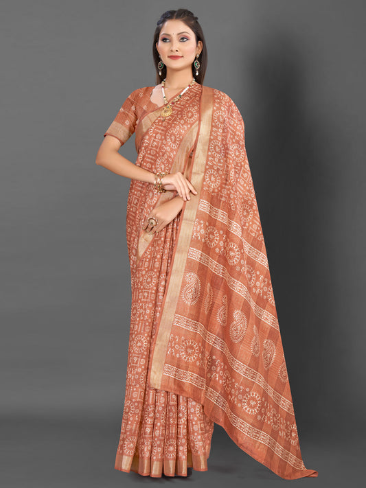Women's Silk Blend Peach Printed Designer Saree With Blouse Piece