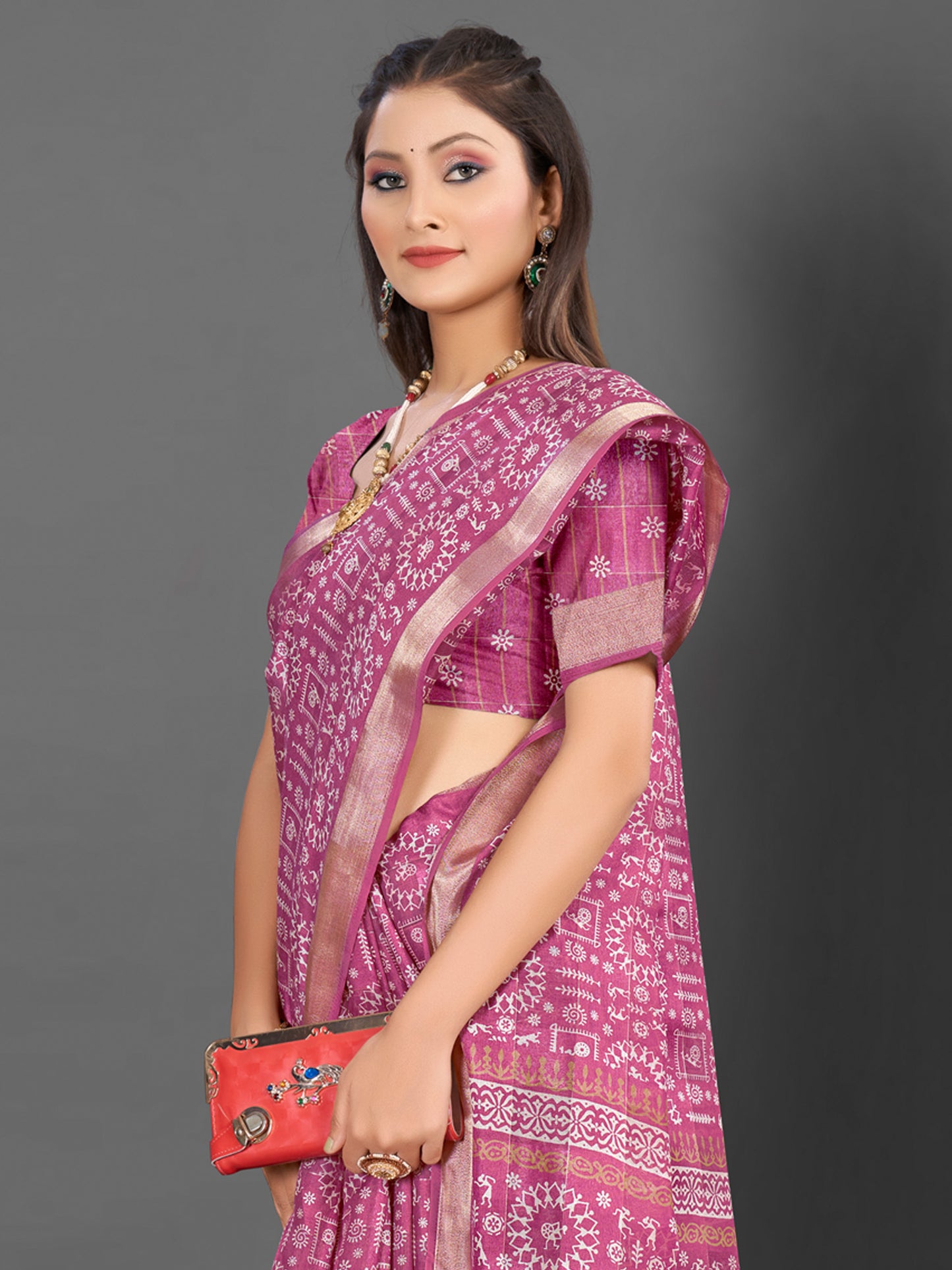 Women's Silk Blend Mauve Printed Designer Saree With Blouse Piece