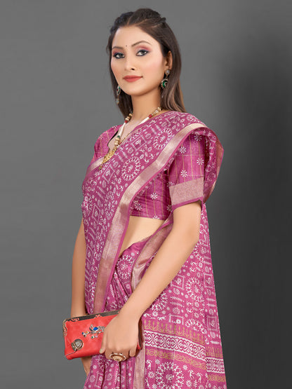 Women's Silk Blend Mauve Printed Designer Saree With Blouse Piece