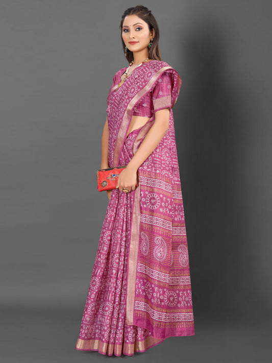 Women's Silk Blend Mauve Printed Designer Saree With Blouse Piece
