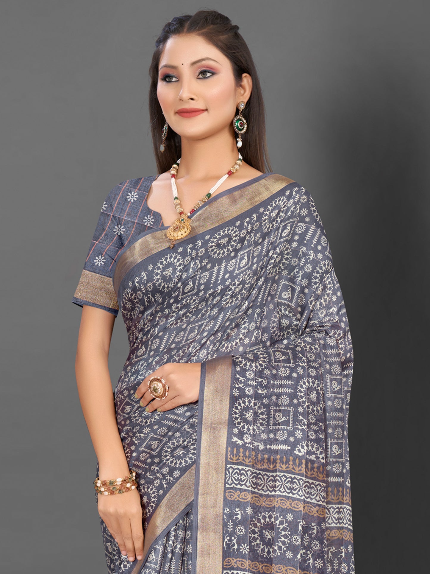 Women's Silk Blend Grey Printed Designer Saree With Blouse Piece