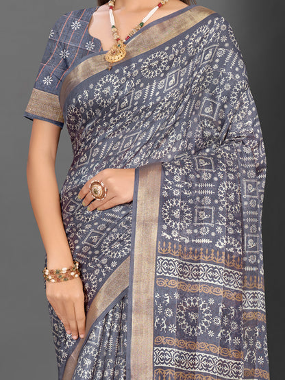 Women's Silk Blend Grey Printed Designer Saree With Blouse Piece