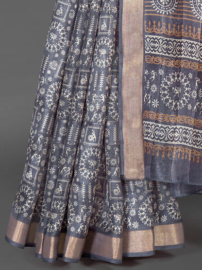 Women's Silk Blend Grey Printed Designer Saree With Blouse Piece