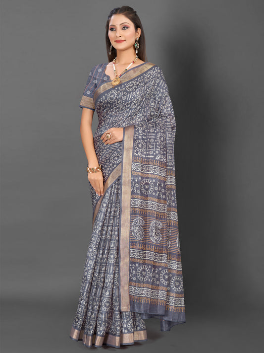 Women's Silk Blend Grey Printed Designer Saree With Blouse Piece