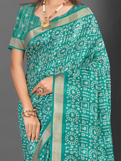 Women's Silk Blend Blue Printed Designer Saree With Blouse Piece