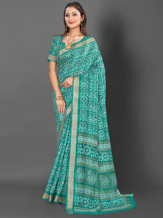 Women's Silk Blend Blue Printed Designer Saree With Blouse Piece