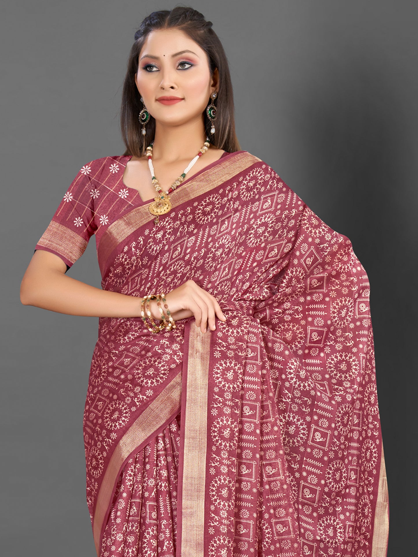 Women's Silk Blend Rose Gold Printed Designer Saree With Blouse Piece