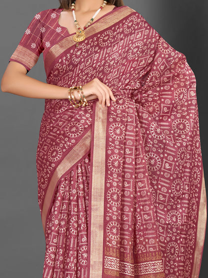Women's Silk Blend Rose Gold Printed Designer Saree With Blouse Piece