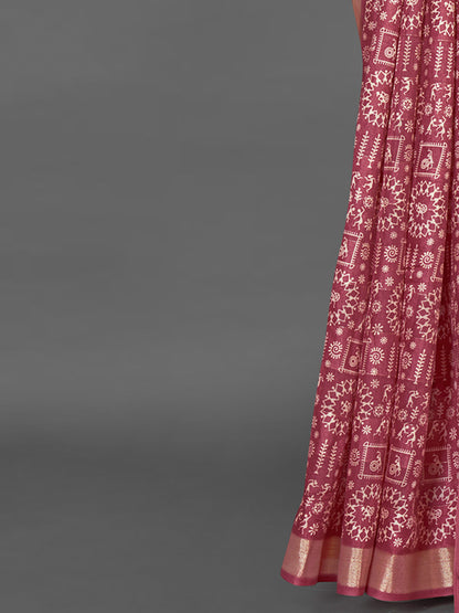 Women's Silk Blend Rose Gold Printed Designer Saree With Blouse Piece