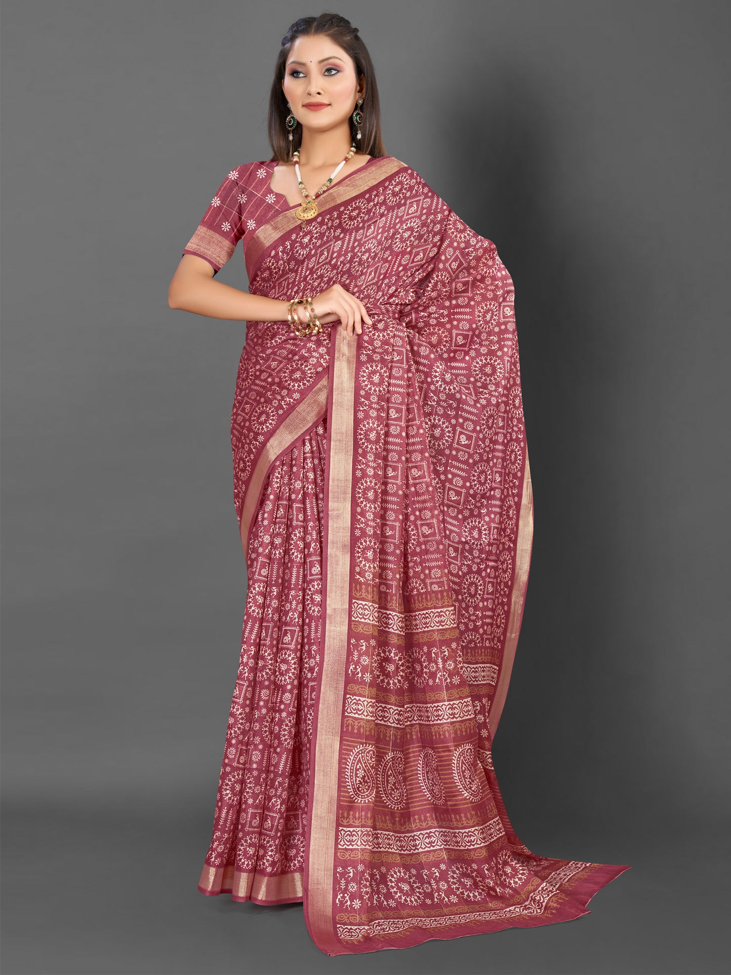 Women's Silk Blend Rose Gold Printed Designer Saree With Blouse Piece